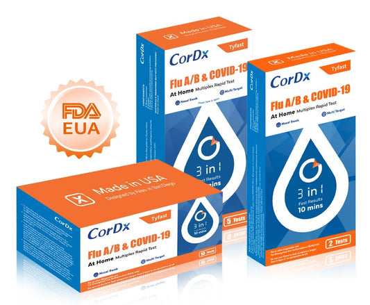 CorDx Tyfast, Flu A/B & COVID-19 At Home Rapid Multiplex Test, 10 Display Boxes (ACT21002-110)