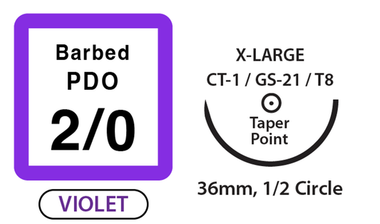 UNIFY, Barbed PDO Suture, Size 2/0, 18" Thread, 36mm 1/2 Circle Taper Point Needle, Violet (B-D218T36)