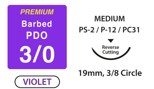 UNIFY, Barbed PDO Suture, Size 3/0, 12" Thread, 19mm 3/8 Circle, Reverse Cut Needle, Violet (B-PD312R19)