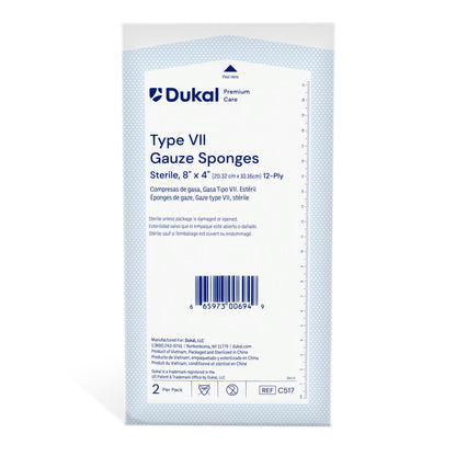 Premium Care Sterile Type VII Gauze Sponges, 12-Ply, 8" x 4" (C517)
