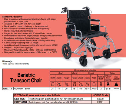 Bariatric Transport Chair, 24" Seat, 400 lbs Weight Capacity (EJ777-3)