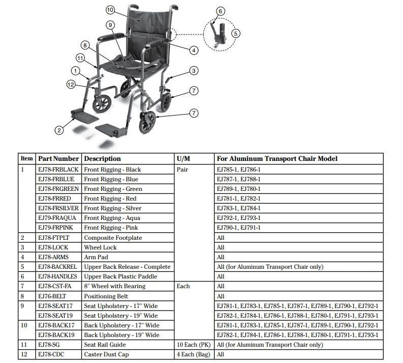 Lightweight Transport Chair, 17" Seat, Red (EJ781-1)