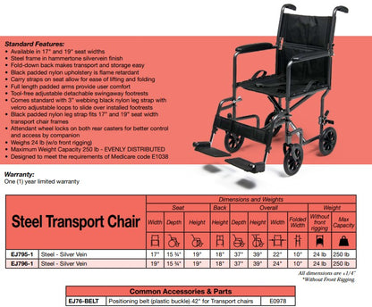 Steel Transport Chair, 19" Seat, Silver (EJ796-1)