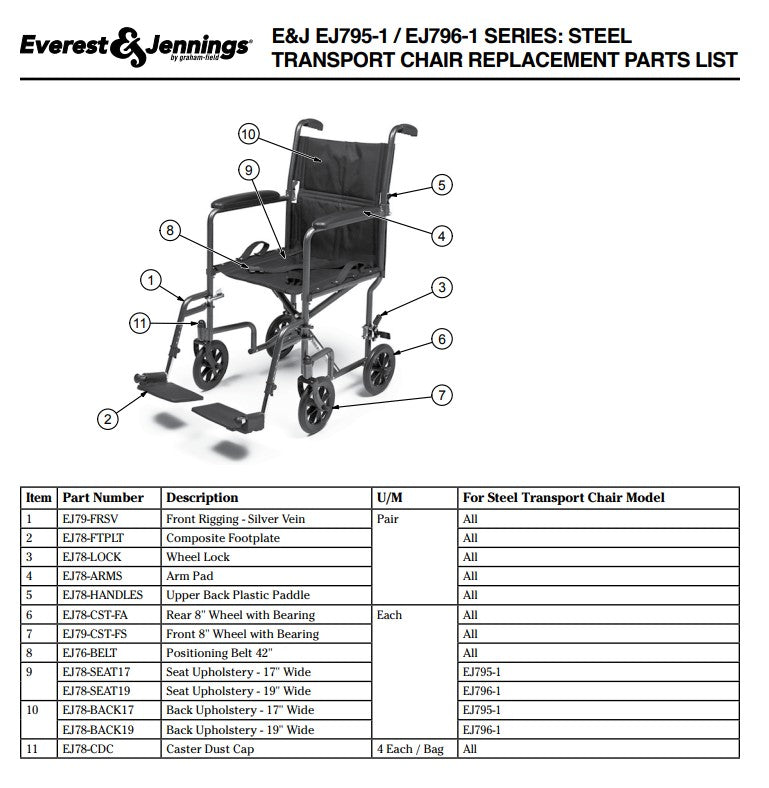 Steel Transport Chair, 19" Seat, Silver (EJ796-1)