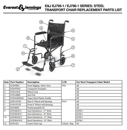 Steel Transport Chair, 19" Seat, Silver (EJ796-1)