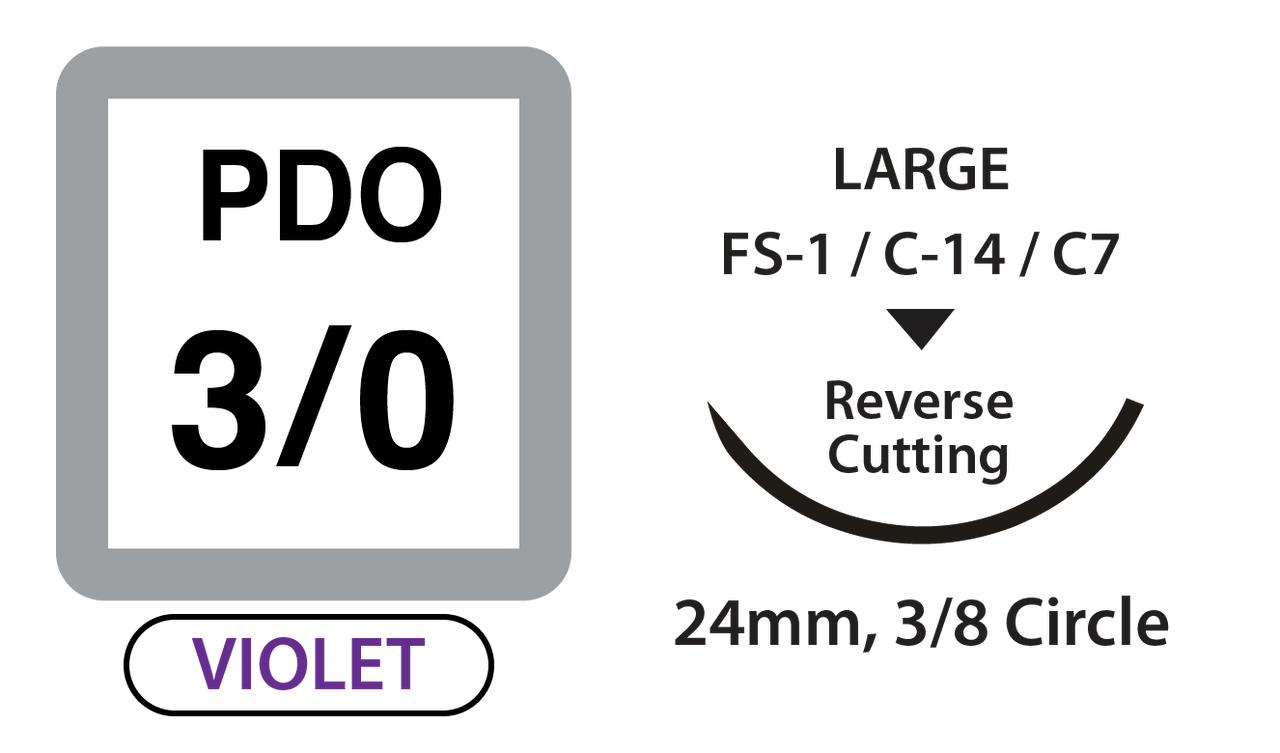 UNIFY, PDO Surgical Sutures, Size 3/0, 30" Thread, 24mm 3/8 Circle R/C Needle, Violet (L-D330R24)