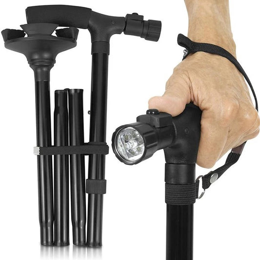 LED Folding Cane, 33"-38" Height, Quad Base, Clip and Travel Bag, Black (MOB1017BLK)