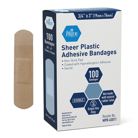 Adhesive Bandage - Sheer Plastic Strips 3/4" x 3", Sterile - 24/100/cs.