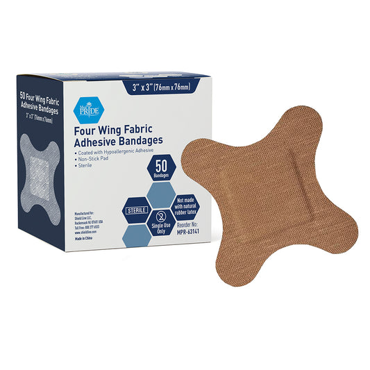 Adhesive Bandage - Fabric 3" x 3", 4 Wing, Sterile - 24/50/cs.