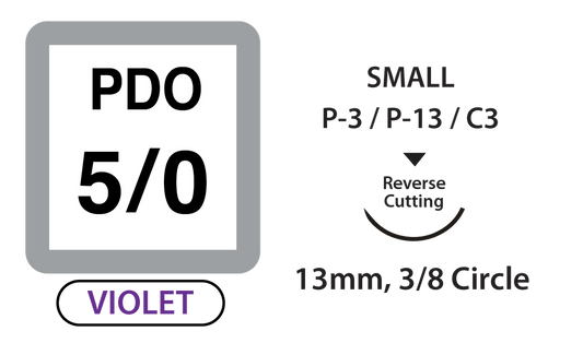 PDO Sutures, Size 5/0, 18" Thread, 13mm 3/8 Circle Reverse Cutting Needle, Violet (S-D518R13)