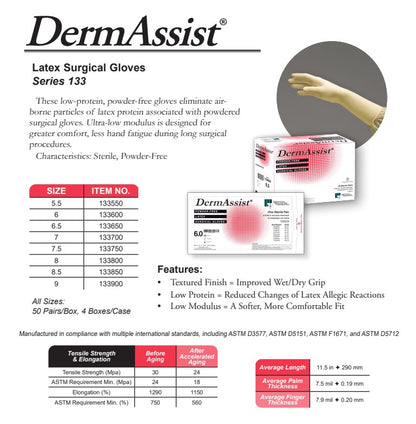 Innovative DermAssist Latex Surgical Gloves, Series 133, Size 6½, Sterile, 200 Pairs/Case (IHC 133650)