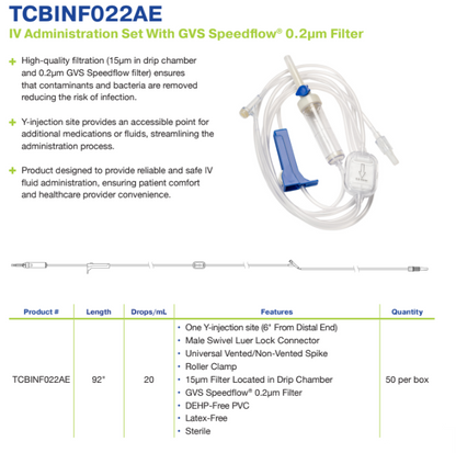 IV Administration Set, With GVS Speedflow 0.2μm Filter, 1 Y-Site, 20 Drops/mL, 92" (TCBINF022AE)