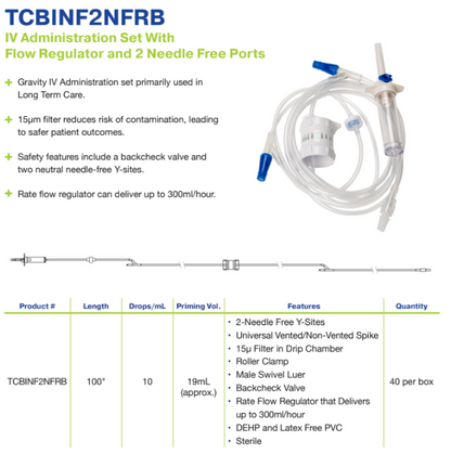 IV Administration Set with Flow Regulator, 2 Needle Free Y-Sites, 100", 10 Drops/mL (TCBINF2NFRB)