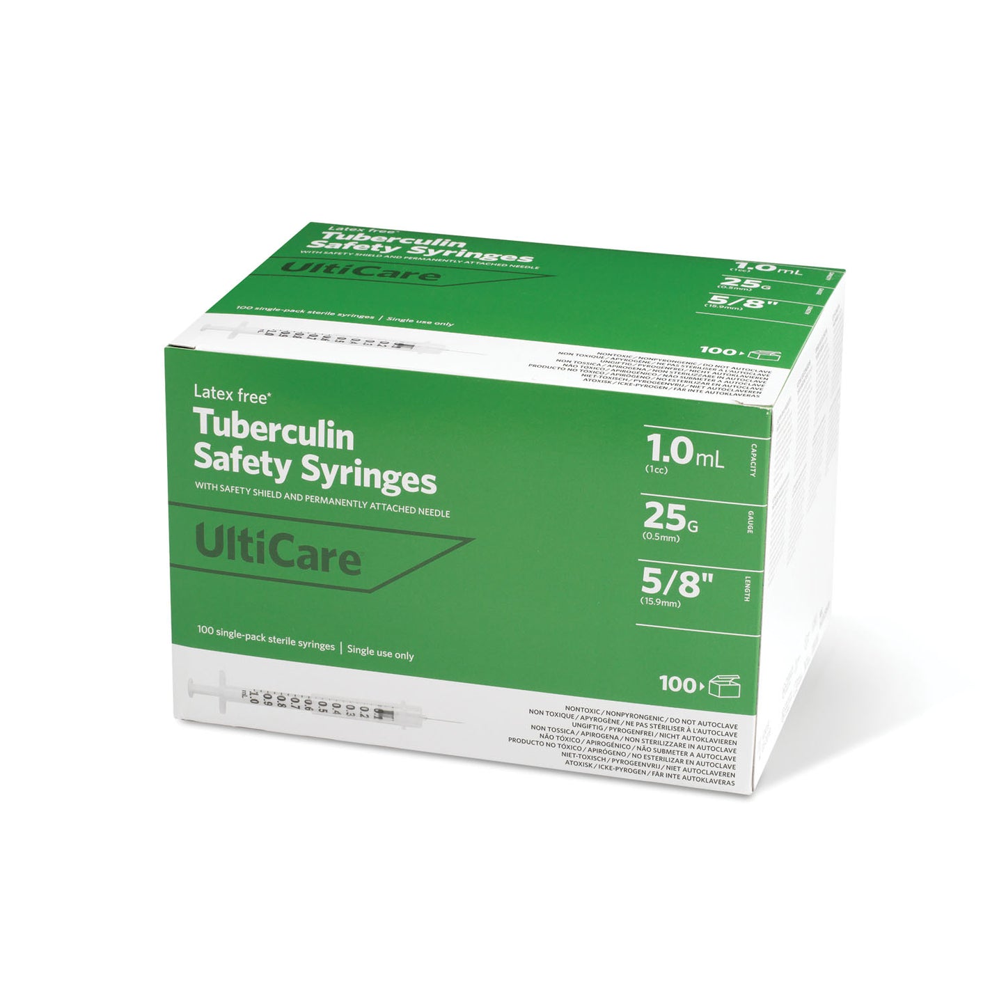 TB Safety Syringe, Fixed Needle, 1cc 25G x 5/8", Box (25158)