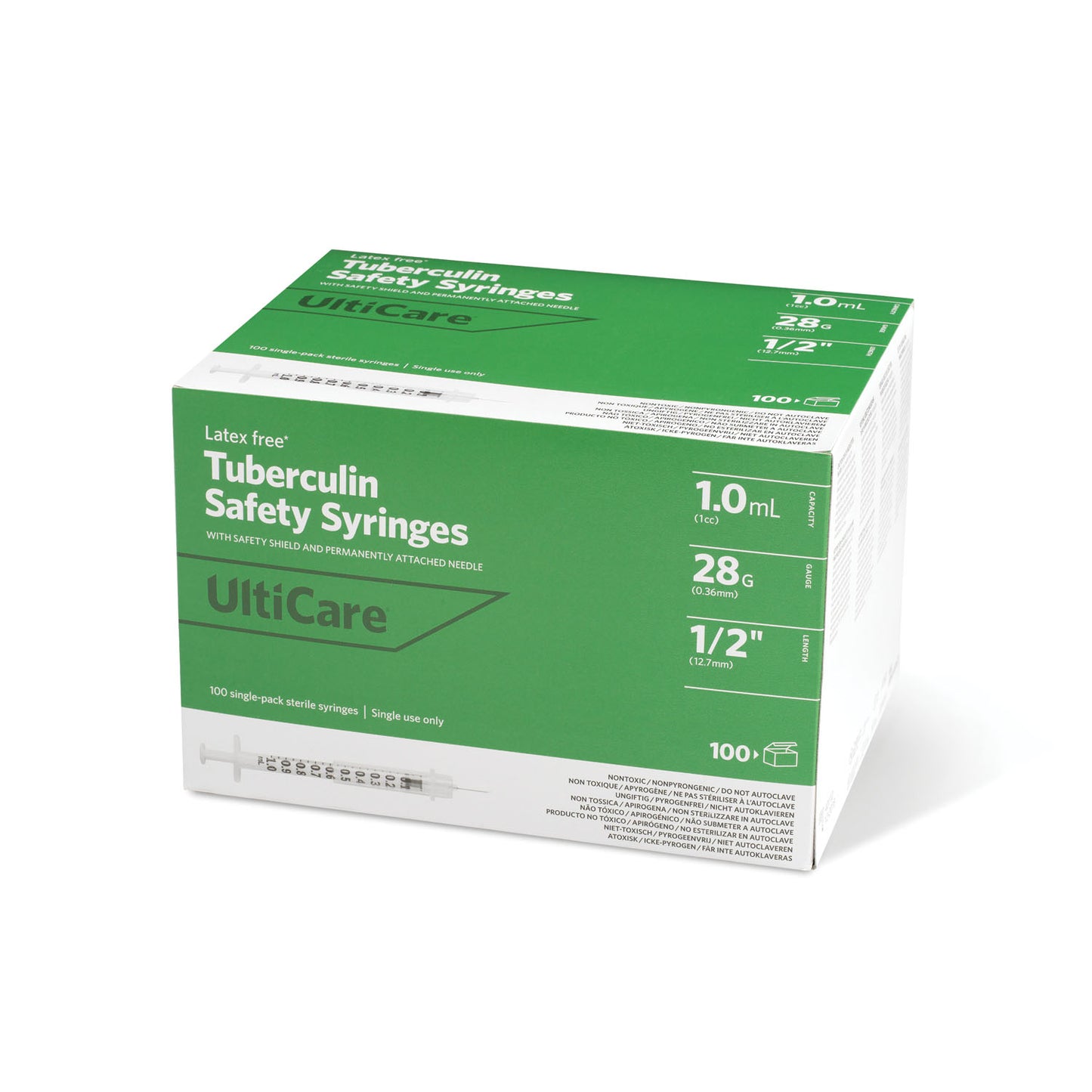 TB Safety Syringe, Fixed Needle, 1cc 28G x 1/2", Box (63002)