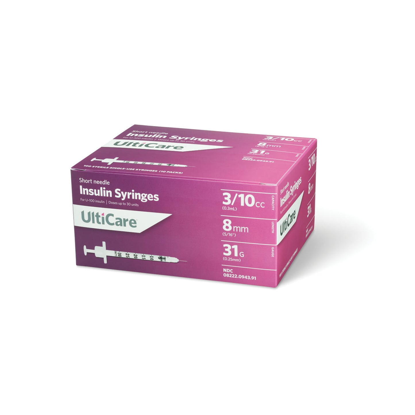 Insulin Syringe, 3/10cc, 31G x 5/16", Box (9439)