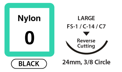 Nylon Suture, Size 0, 18", 24mm, 3/8 Circle, R/C Needle, Black (L-N018R24)