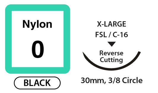 Nylon Suture, Size 0, 30" Thread, 30mm 3/8 Rev Cut Needle, Black, Box of 12 (XL-N030R30)