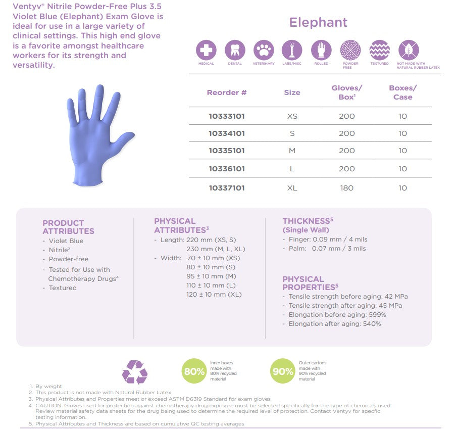 Ventyv, Nitrile Exam Gloves, PLUS 3.5, Violet Blue, Elephant, Chemo Tested, Medium, Case of 2000 (VNT 10335101)