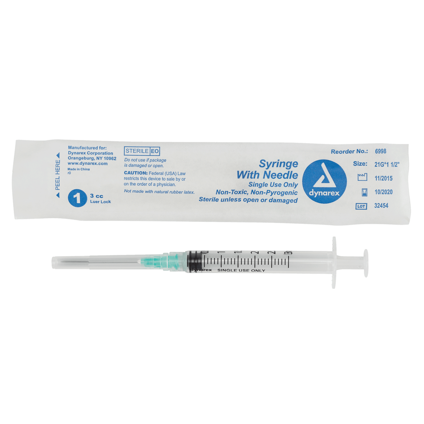 Syringe - Non-Safety with Needle - Luer Lock, 21G, 1.5" Needle, 3 cc, 8/100/cs