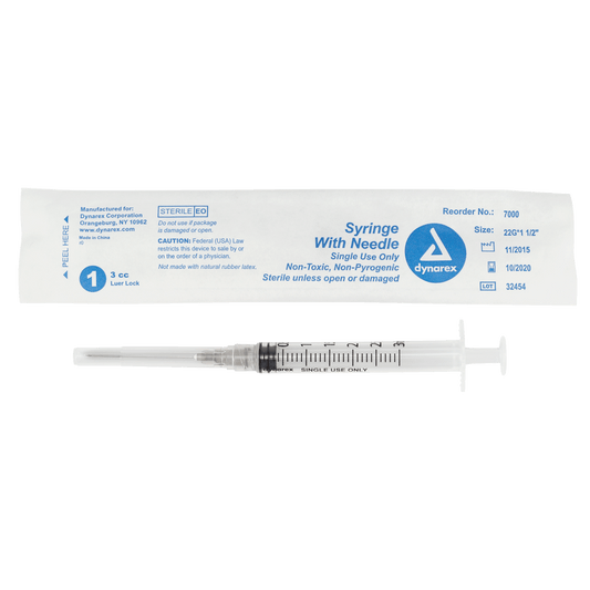 Syringe - Non-Safety with Needle - Luer Lock, 22G, 1.5" Needle, 3 cc, 8/100/cs