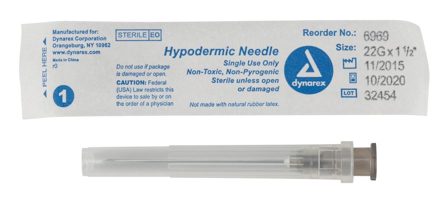 Hypodermic Needle - Non-Safety, 22G, 1 1/2" Needle, 10/100/cs