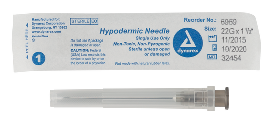 Hypodermic Needle - Non-Safety, 22G, 1 1/2" Needle, 10/100/cs