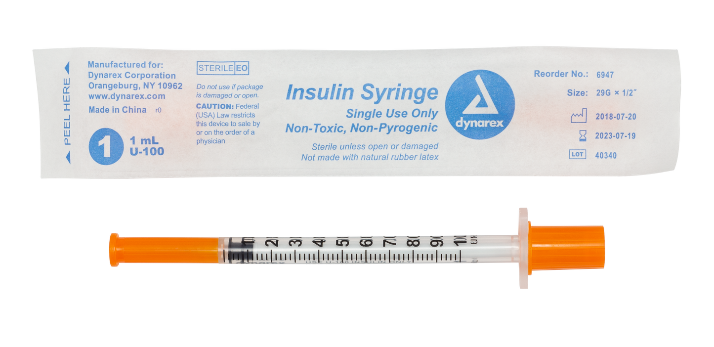 Insulin Syringe - Non-Toxic - Individual Wrapped, 29G, 1/2" Needle, 1 cc, 5/100/cs