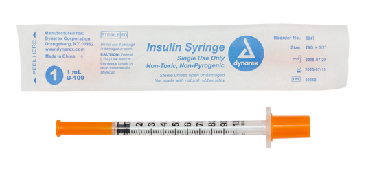 Insulin Syringe - Non-Toxic - Individual Wrapped, 29G, 1/2" Needle, 1 cc, 5/100/cs