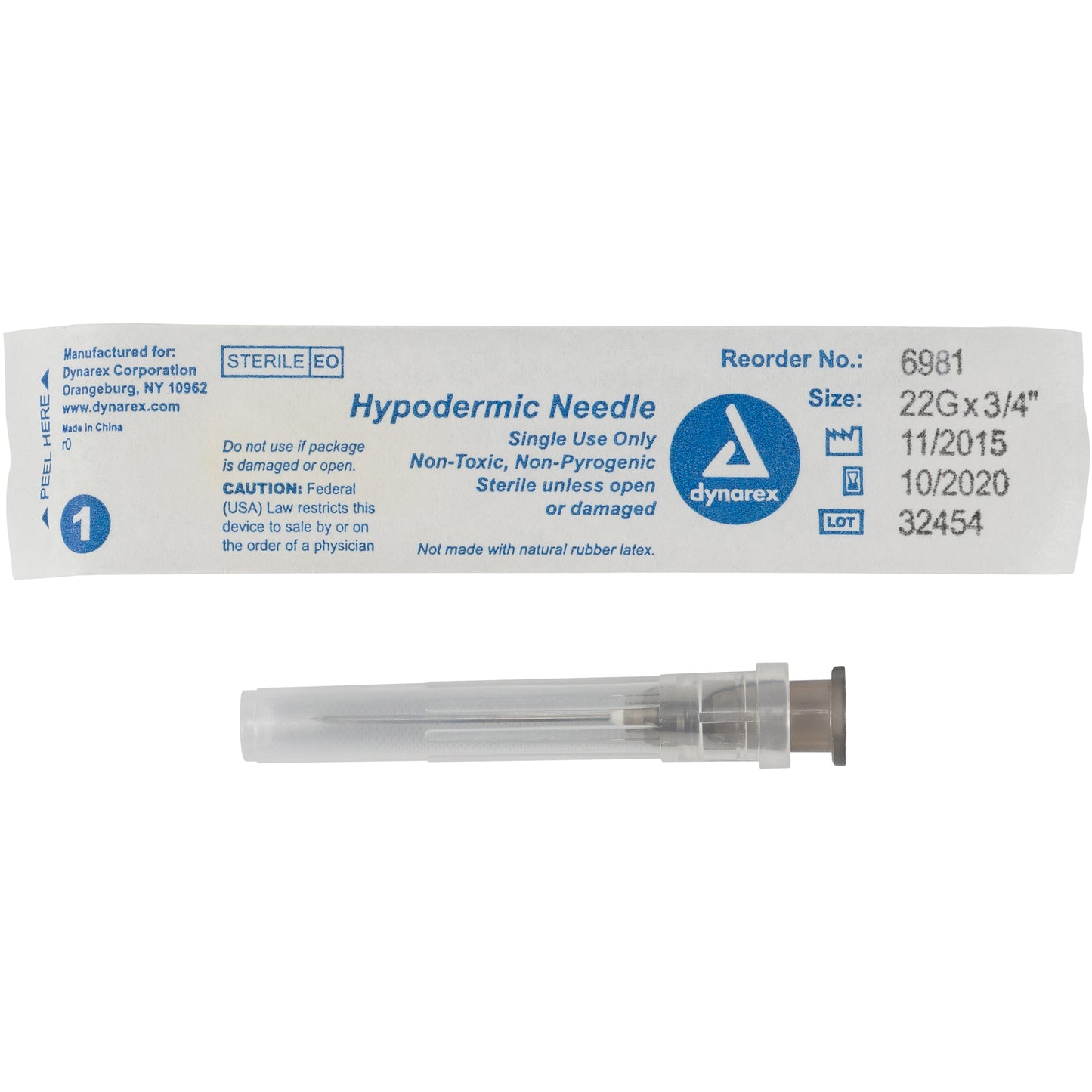 Hypodermic Needle - Non-Safety, 22G, 3/4" Needle, 10/100/cs