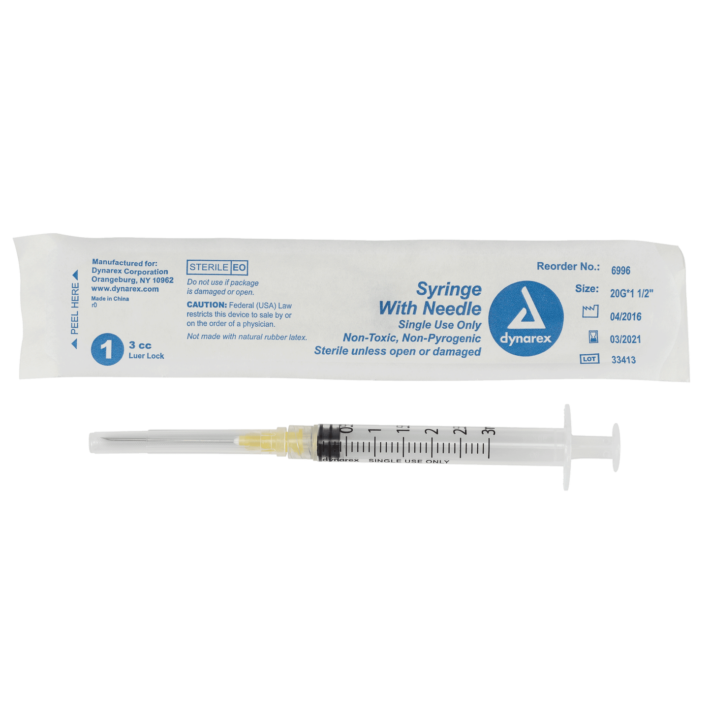 Syringe - Non-Safety with Needle - Luer Lock, 20G. 1.5" Needle, 3 cc, 8/100/cs