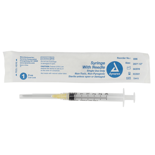 Syringe - Non-Safety with Needle - Luer Lock, 20G. 1.5" Needle, 3 cc, 8/100/cs