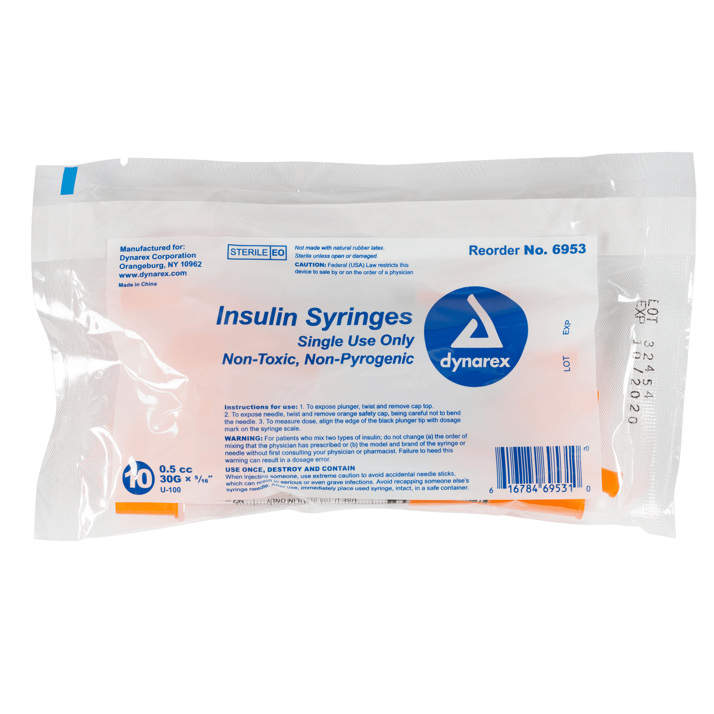 Insulin Syringe - Non-Toxic, 30G, 5/16" Needle, 0.5 cc, 5/100/cs