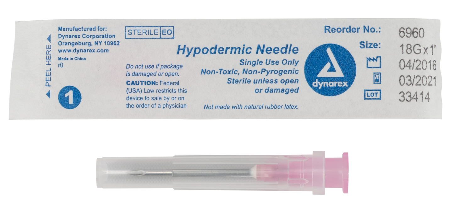 Hypodermic Needle - Non-Safety, 18G, 1" Needle, 10/100/cs