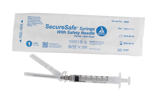 SecureSafe Syringe w/ Safety Needle - Luer Lock, 22G, 1.5" Needle, 3 cc, 8/100/cs