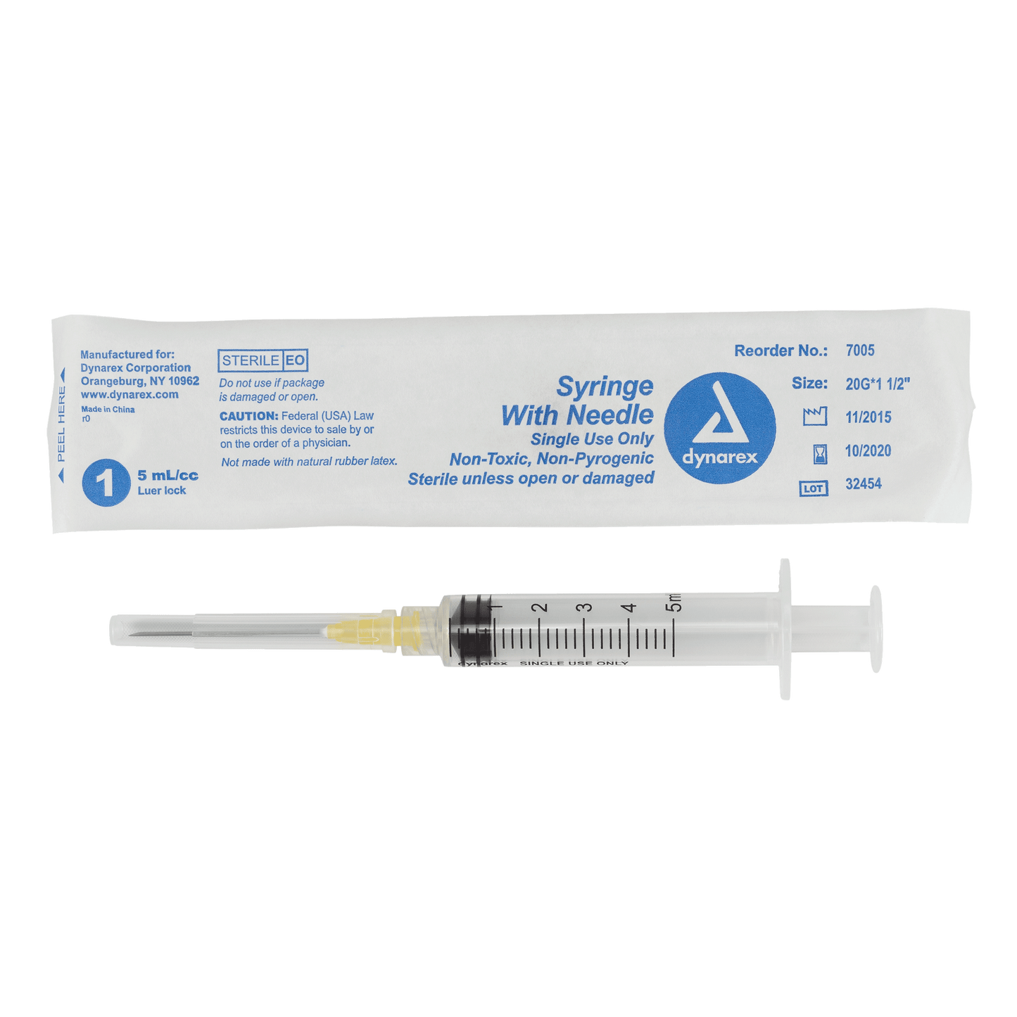 Syringe - Non-Safety with Needle - Luer Lock, 20G, 1.5" Needle, 5 cc, 4/100/cs