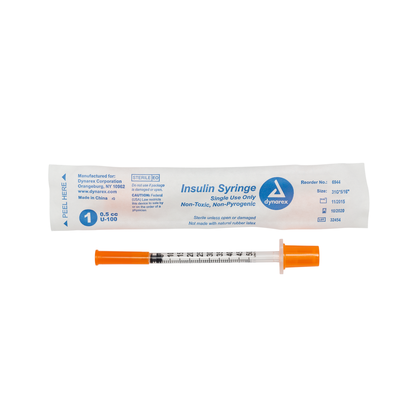 Insulin Syringe with Needle, Individual Wrapped, 0.5 cc, 27G, 1/2", 5/100/cs