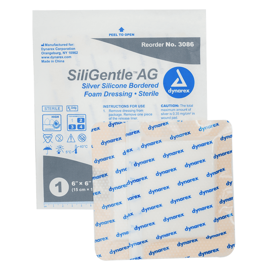 SiliGentleAG - Silver Silicone Bordered Foam Dressing, 6" x 6", 5/10/cs