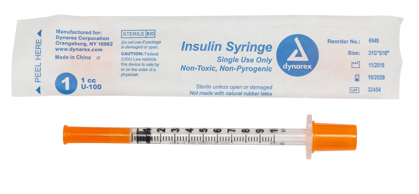 Insulin Syringe - Non-Toxic - Individual Wrapped, 31G, 5/16" Needle, 1 cc, 5/100/cs