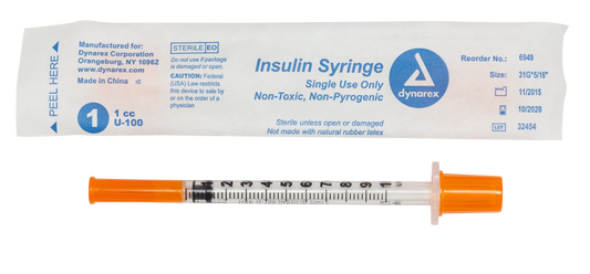 Insulin Syringe - Non-Toxic - Individual Wrapped, 31G, 5/16" Needle, 1 cc, 5/100/cs