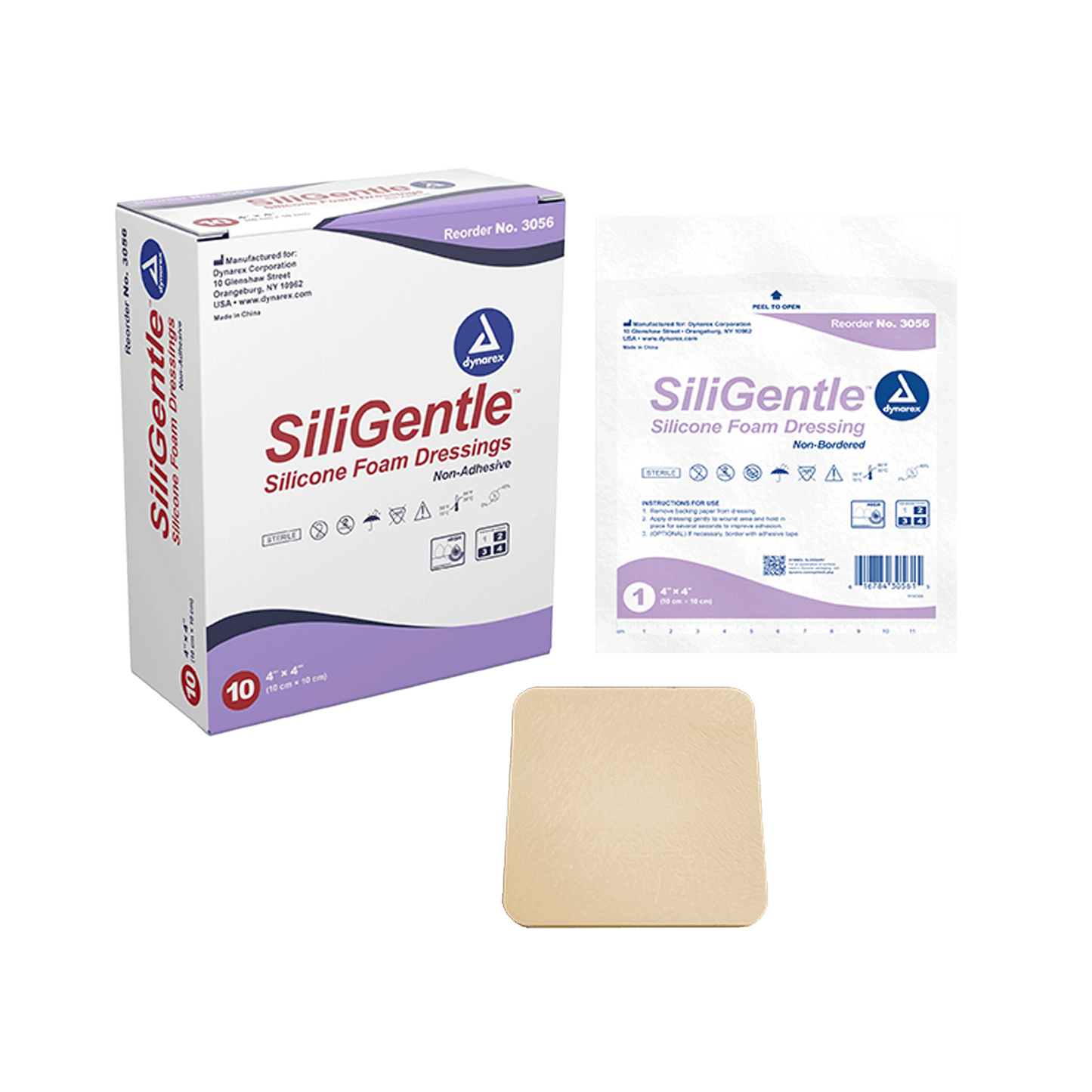 SiliGentle - Non-Adhesive Silicone Foam Dressing, 4" x 4", 12/10/cs