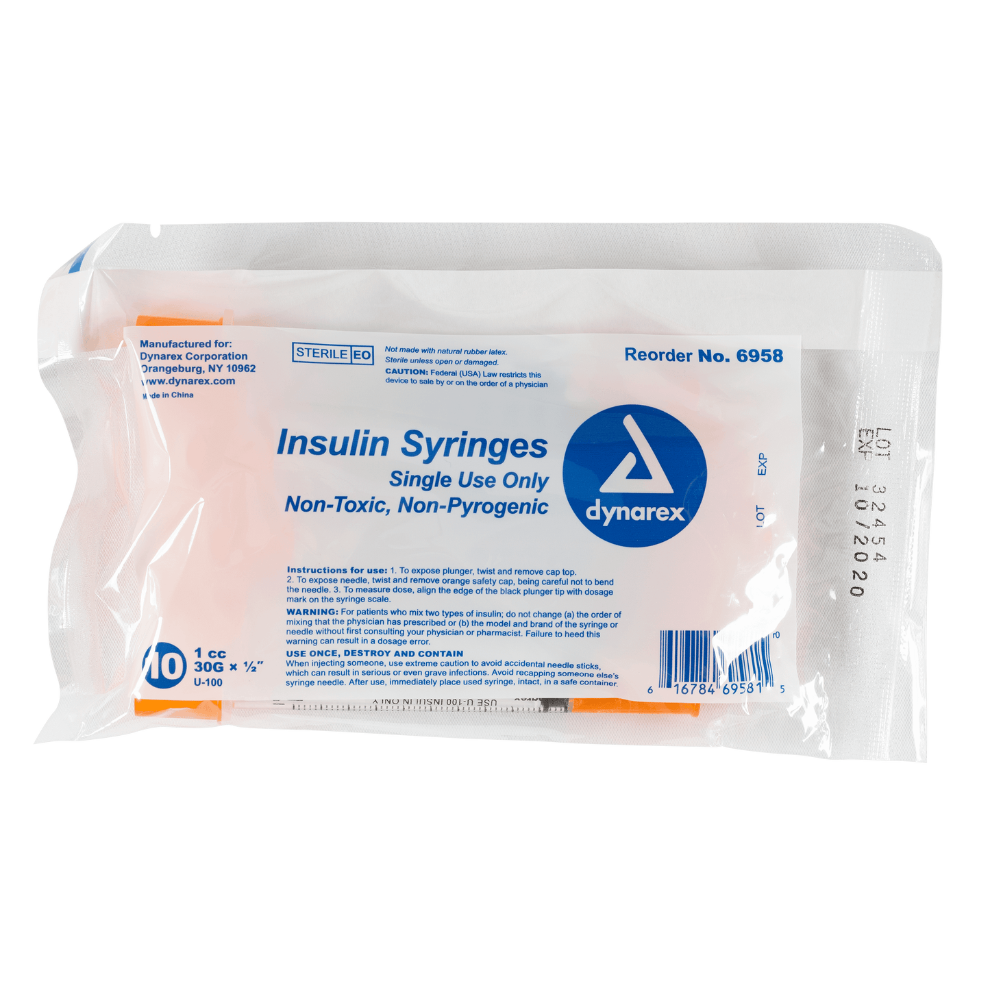 Insulin Syringe - Non-Toxic, 30G, 1/2" Needle, 1 cc, 5/100/cs