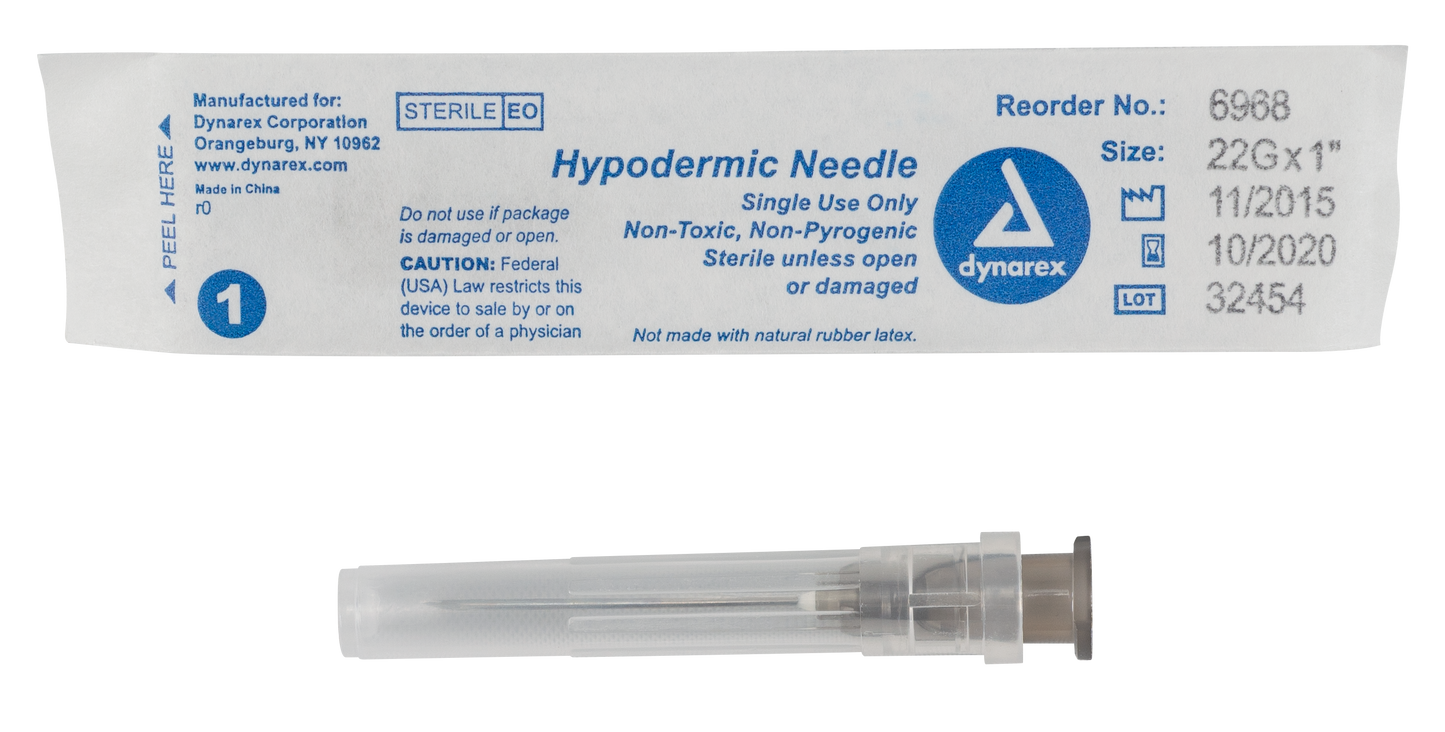 Hypodermic Needle - Non-Safety, 22G, 1" Needle, 10/100/cs