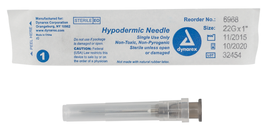 Hypodermic Needle - Non-Safety, 22G, 1" Needle, 10/100/cs