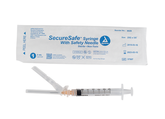SecureSafe Syringe w/ Safety Needle - Luer Lock, 25G, 5/8" Needle, 3 cc, 8/100/cs