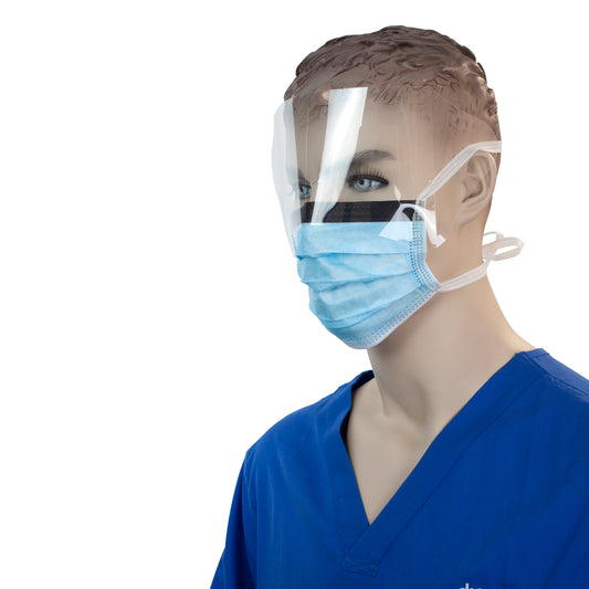 Surgical Face Mask w/ Ties & Plastic Shield, Blue, 4/50/cs