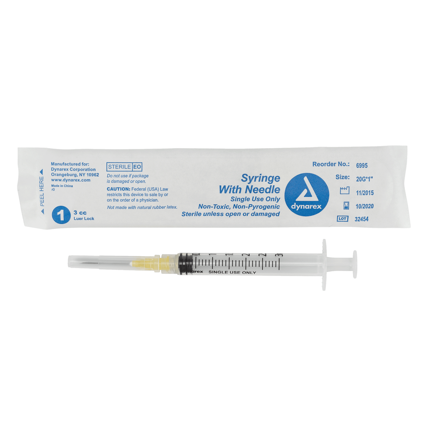 Syringe - Non-Safety with Needle - Luer Lock, 20G, 1" Needle, 3 cc, 8/100/cs