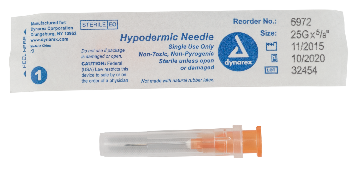 Hypodermic Needle - Non-Safety, 25G, 5/8 " Needle, 10/100/cs