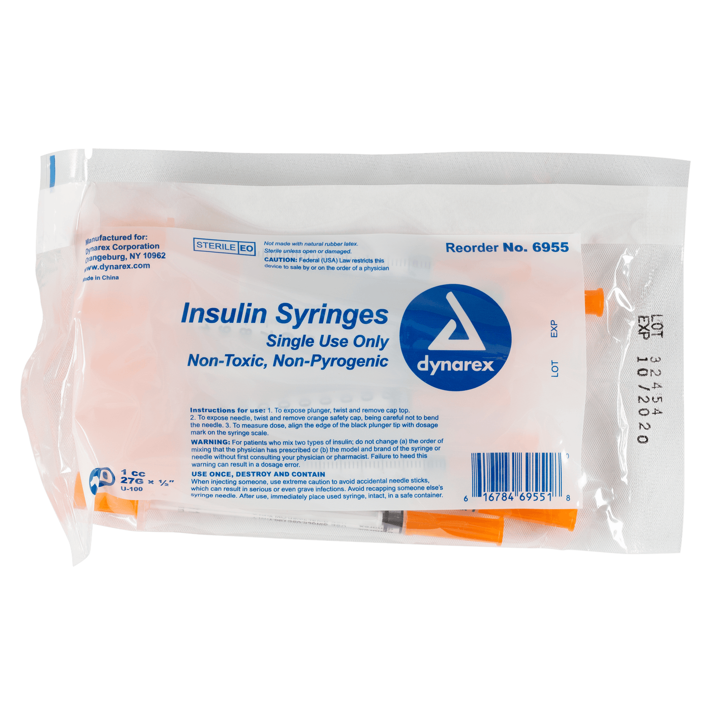 Insulin Syringe - Non-Toxic, 27G, 1/2" Needle, 1 cc, 5/100/cs