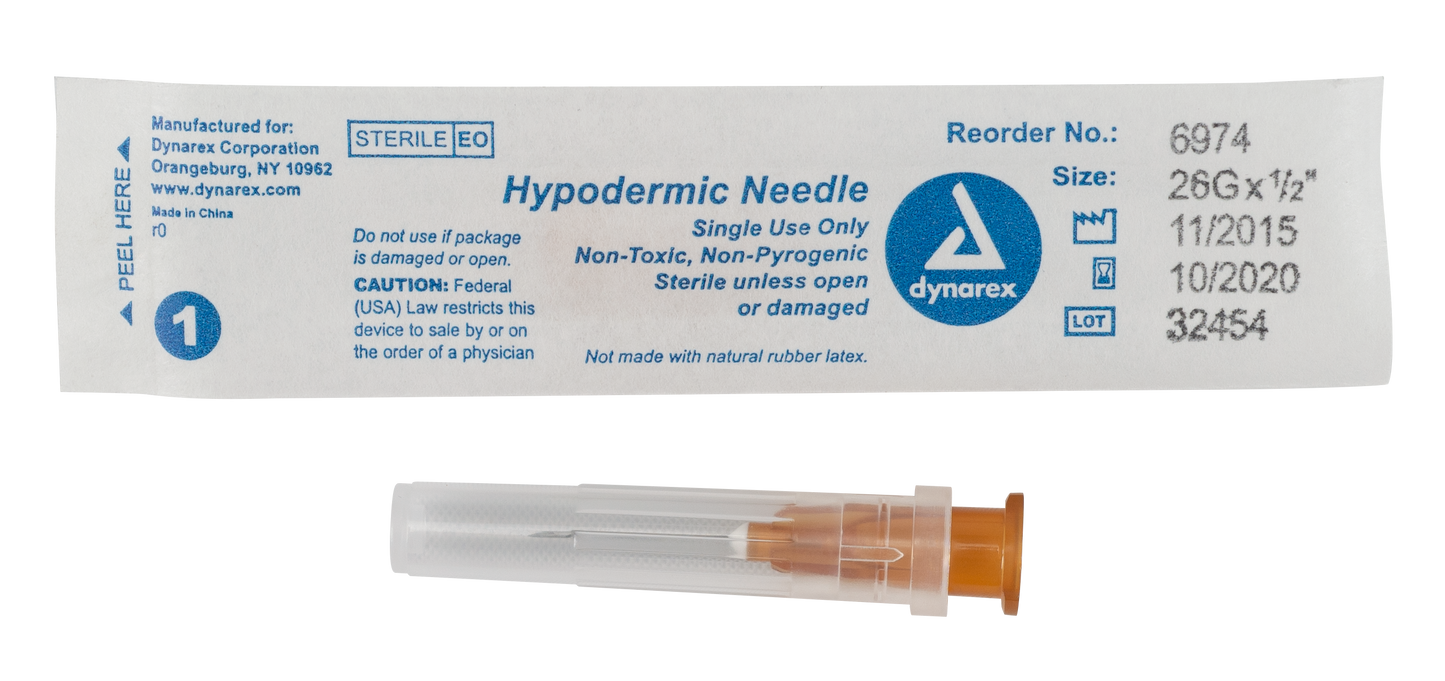 Hypodermic Needle - Non-Safety, 26G, 1/2" Needle, 10/100/cs